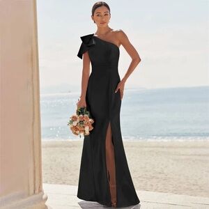 Stacees One-Shoulder Elastic Satin Dress with Bow Slit prom black tie holiday